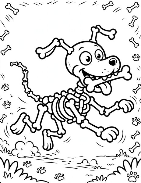 Skeleton Dog coloring page: A goofy skeleton dog fetches a bone.