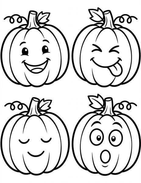 Pumpkin Faces coloring page: Four pumpkins show happy, silly, sleepy faces.