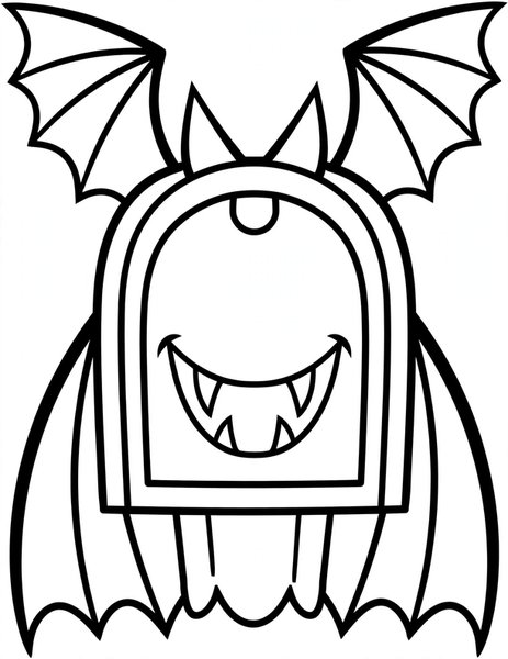 Haunted Mailbox coloring page: A mailbox with bat wings and fangs.