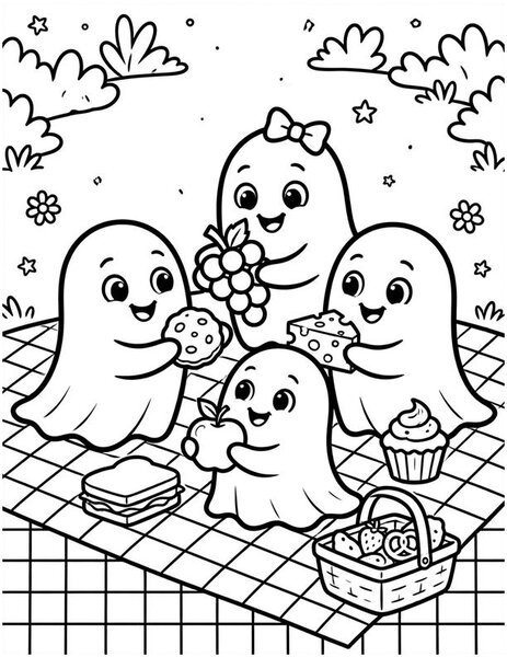 Ghost Picnic coloring page: Ghosts share snacks on a checkered blanket.