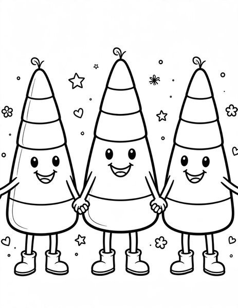 Candy Corn Trio coloring page: Three smiling candy corn friends hold hands.