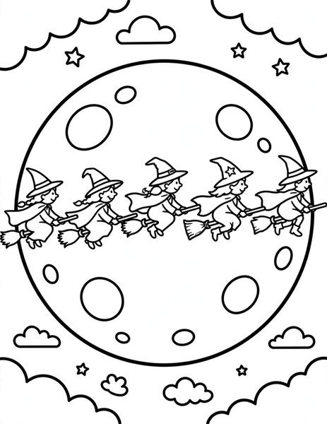 Witch Parade coloring page: Witches fly in a line across the moon.