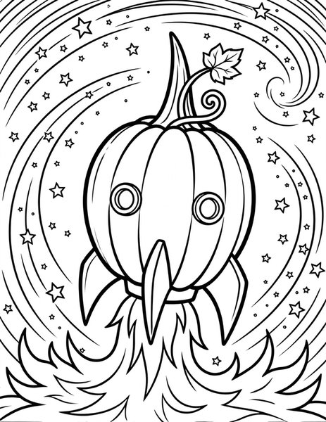 Pumpkin Rocket coloring page: A pumpkin-shaped rocket blasts off.