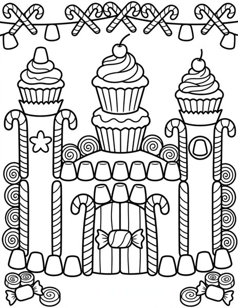 Candy Castle coloring page: A castle built of candy and cupcakes.