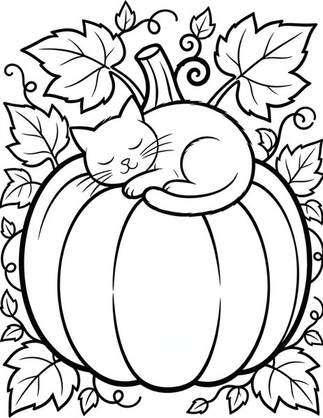 Cat Nap coloring page: A black cat naps curled on a pumpkin.