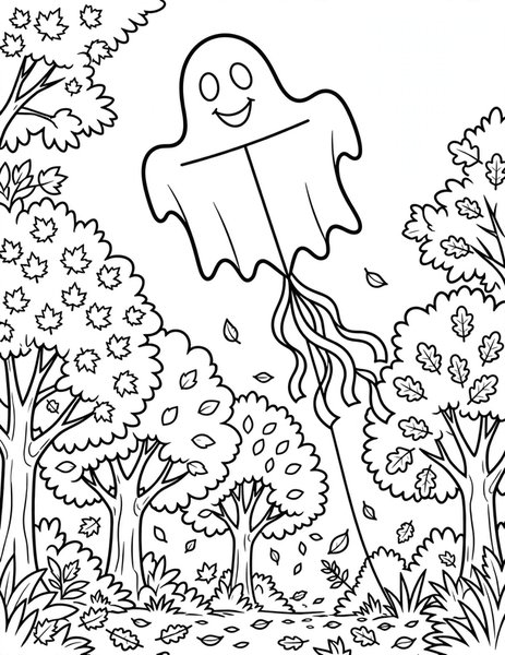Ghost Kite coloring page: A ghost kite soars over autumn trees.