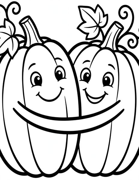 Pumpkin Pals coloring page: Two pumpkins hug like best friends.