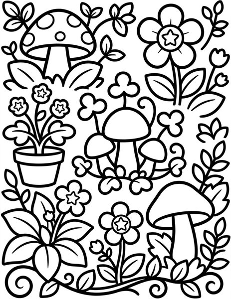 Witch's Garden coloring page: A garden of potion plants and mushrooms.