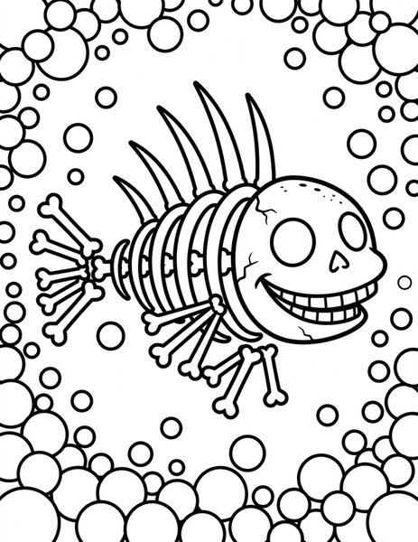Skeleton Fish coloring page: A skeleton fish swims with bubbles.