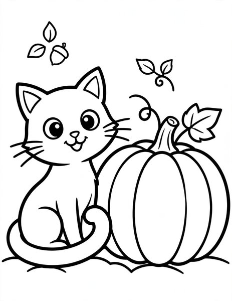 Black Cat coloring page: A black cat with big eyes sits by a pumpkin.