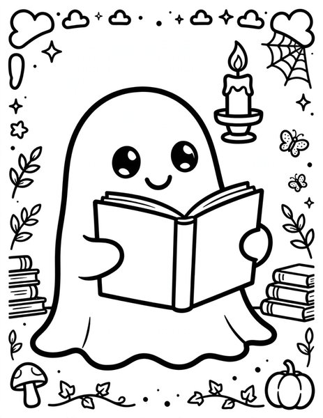 Ghost Story coloring page: A ghost reads a book by candlelight.