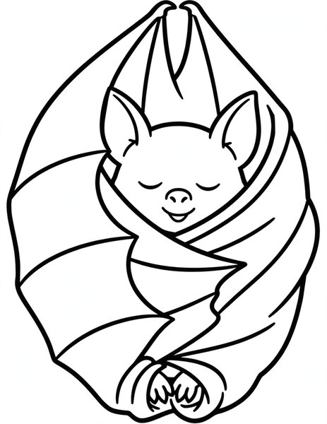 Sleepy Wings coloring page: A bat snoozes wrapped in its wings.
