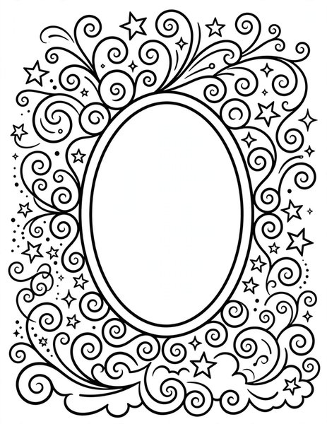 Witch's Mirror coloring page: An oval mirror with a starry frame.