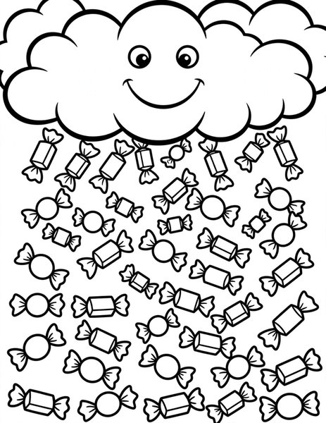 Candy Rain coloring page: Candies rain from a smiling cloud.