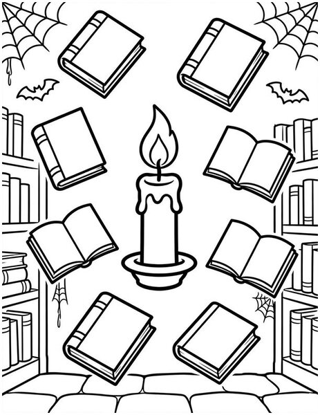 Haunted Library coloring page: Books float around a candlelit library.