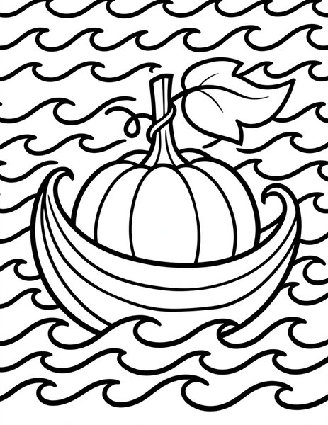 Pumpkin Boat coloring page: A pumpkin boat sails on wavy water.
