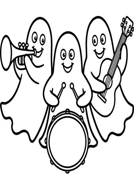 Ghost Band coloring page: Three ghosts play instruments.