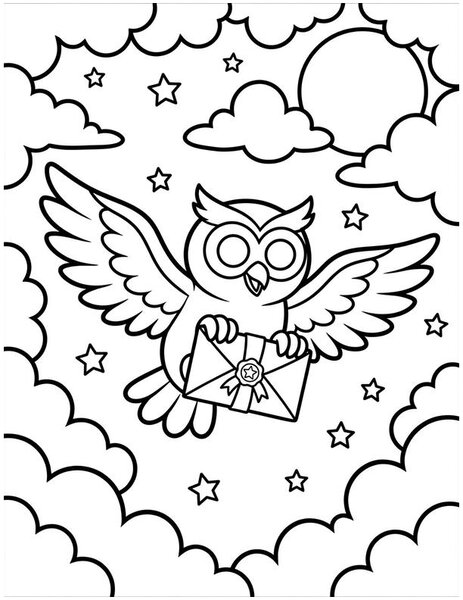 Owl Post coloring page: An owl delivers a letter in a moonlit sky.