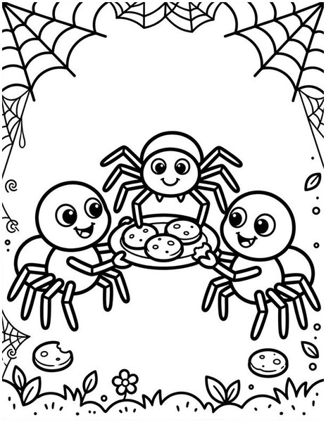 Spider Snack coloring page: A spider shares cookies with friends.
