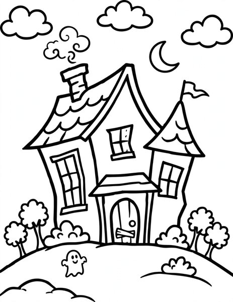 Haunted House coloring page: A spooky-but-friendly haunted house on a hill.