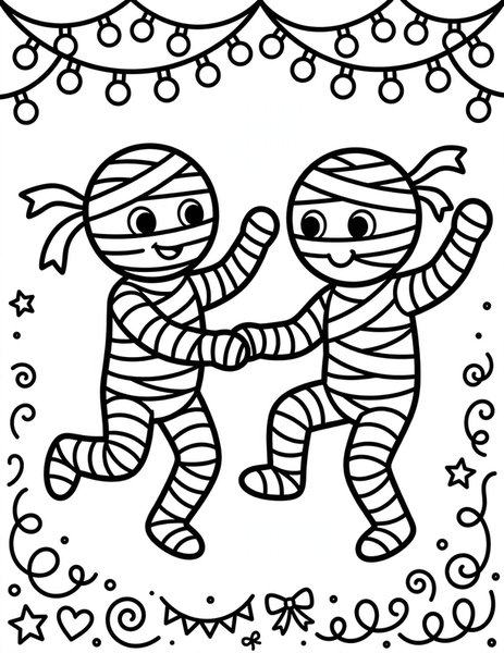 Mummy Dance coloring page: Two mummies dance under string lights.