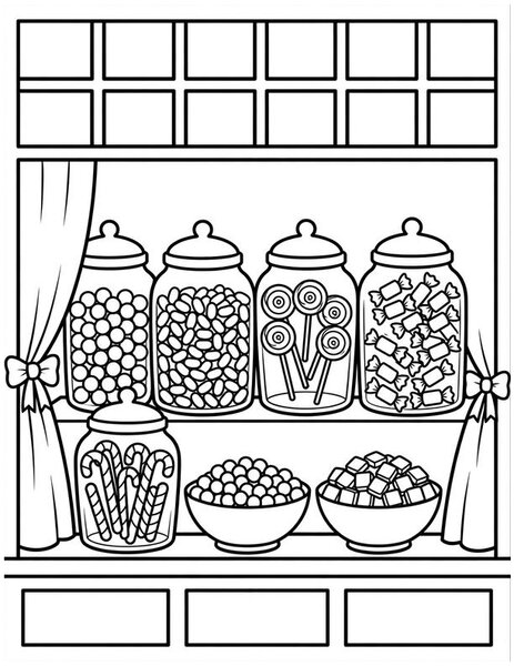 Candy Shop coloring page: A shop window full of jars of candy.