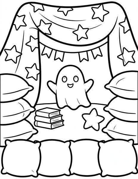 Ghost Hideout coloring page: A blanket fort with a ghost inside.