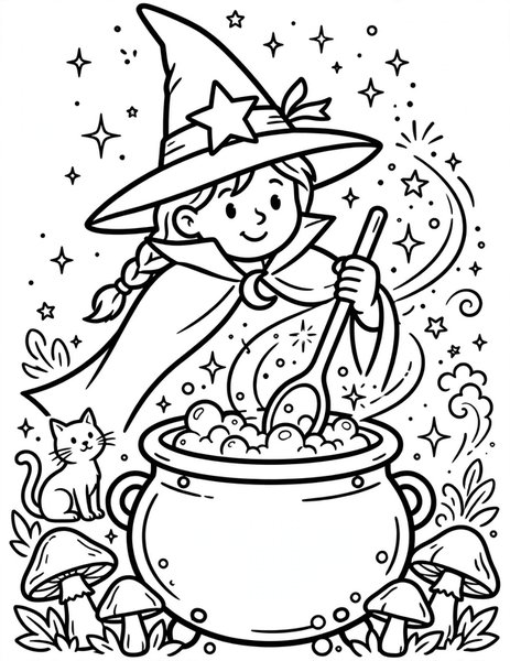Witch's Spell coloring page: A witch stirs sparkles into a cauldron.