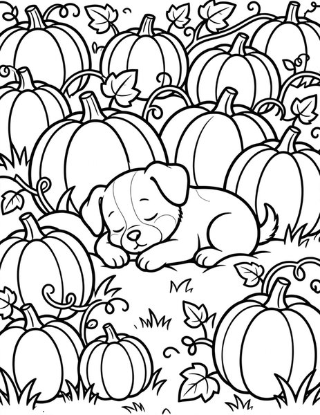 Patch Puppy coloring page: A puppy naps among pumpkins.