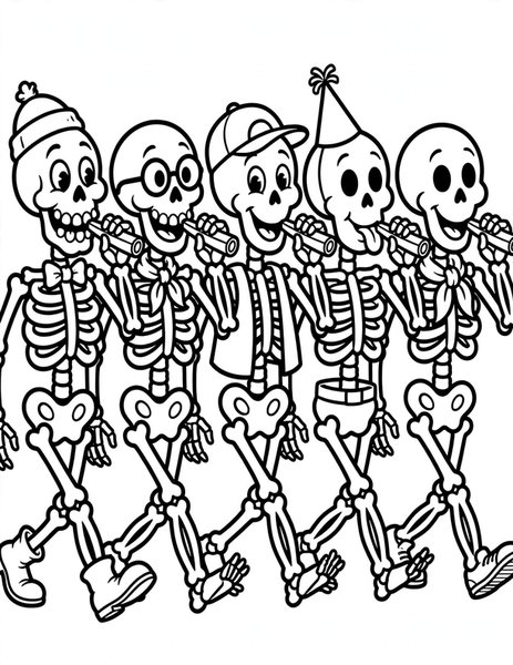 Skeleton Parade coloring page: Skeletons march playing kazoos.