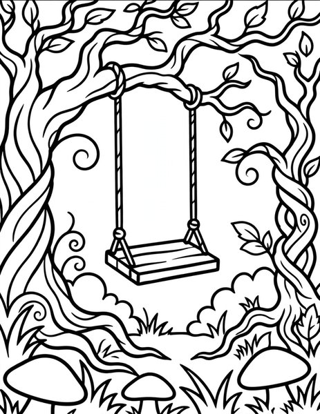 Haunted Swing coloring page: A swing hangs from a spooky tree.