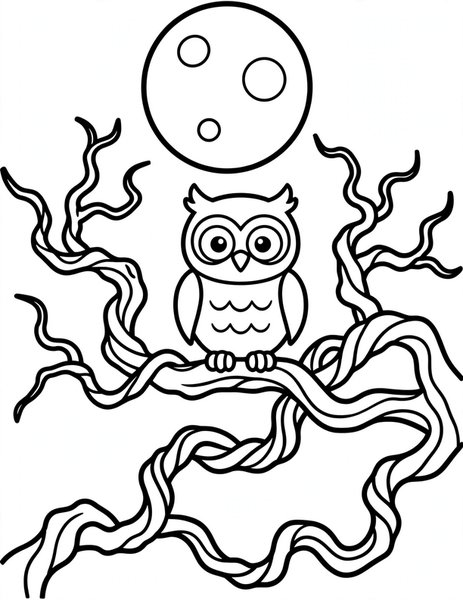 Moonlit Owl coloring page: A wise owl perches on a bare branch under the moon.