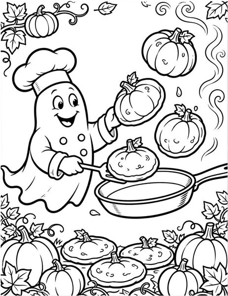 Ghost Chef coloring page: A ghost chef flips pumpkin pancakes.