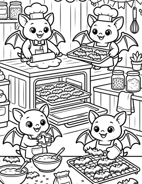 Bat Bakery coloring page: Bats bake bat-shaped cookies.