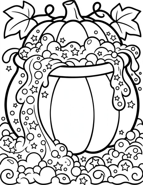 Pumpkin Potion coloring page: A pumpkin bubbles like a potion.