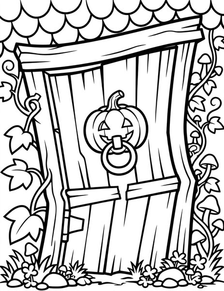 Witch's Door coloring page: A crooked door with a pumpkin knocker.