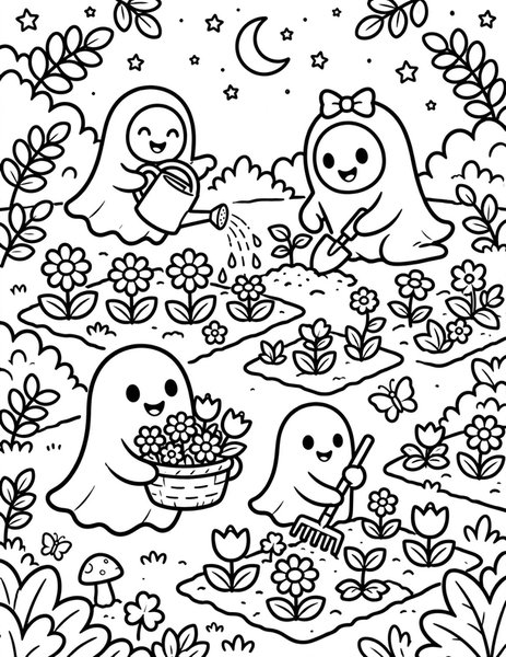 Ghost Garden coloring page: Ghosts tend flower beds at night.