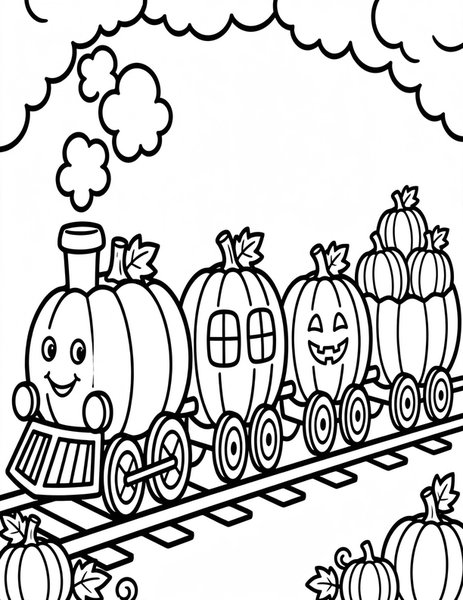 Pumpkin Train coloring page: A train with pumpkin cars chugs along.