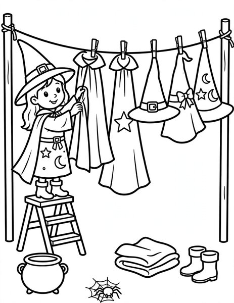 Witch's Laundry coloring page: A witch hangs capes on a clothesline.