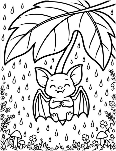 Leaf Umbrella coloring page: A bat shelters under a leaf umbrella.