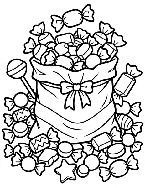 Trick-or-Treat Bag coloring page: A candy bag overflows with wrapped treats.