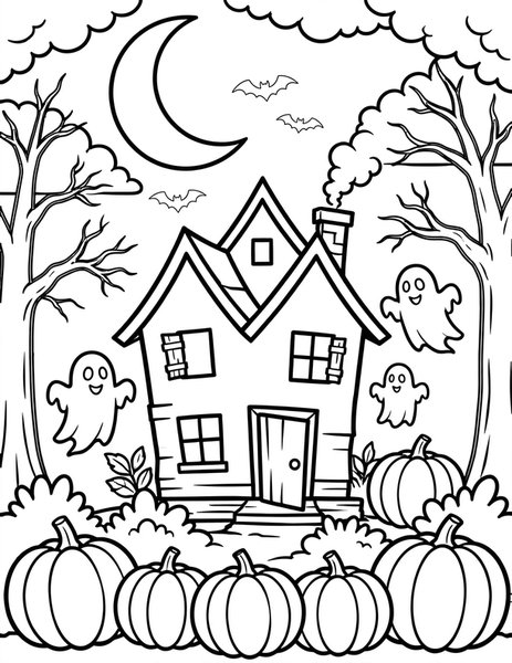Halloween Night coloring page: Moon, haunted house, ghosts and pumpkins.
