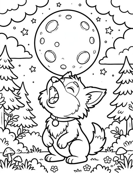 Werewolf Pup coloring page: A friendly werewolf pup howls at the moon.