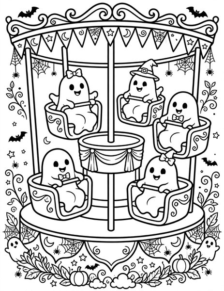 Ghost Carousel coloring page: Ghosts ride a spooky carousel.