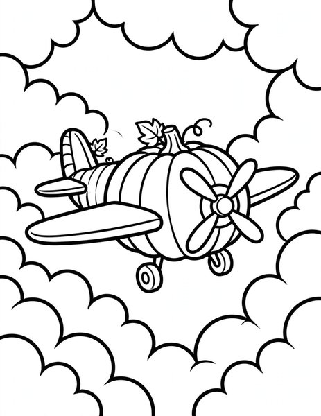 Pumpkin Airplane coloring page: A pumpkin-shaped airplane flies high.