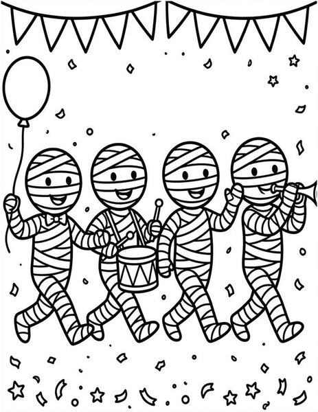 Mummy Parade coloring page: Mummies march in a parade.