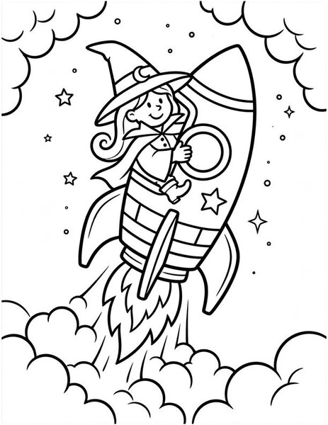 Witch Rocket coloring page: A witch blasts off in a rocket.