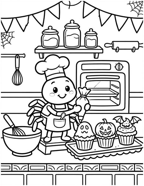 Spider Bakery coloring page: A spider bakes spooky treats.