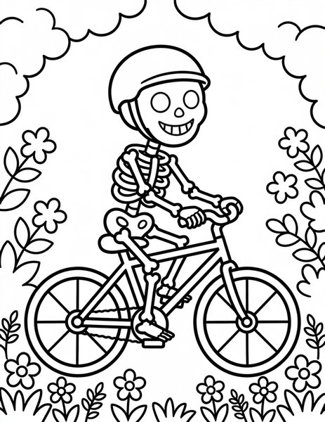 Skeleton Bike coloring page: A skeleton rides a bicycle.