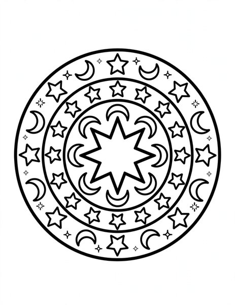 Starry Night Mandala coloring page: Stars and crescent moons twinkle in rings.